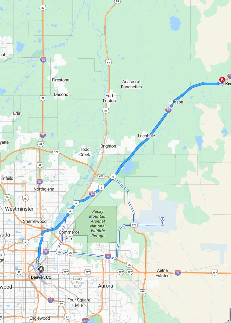 driving from Denver, Colorado to KeenesburgColorado - map and route
