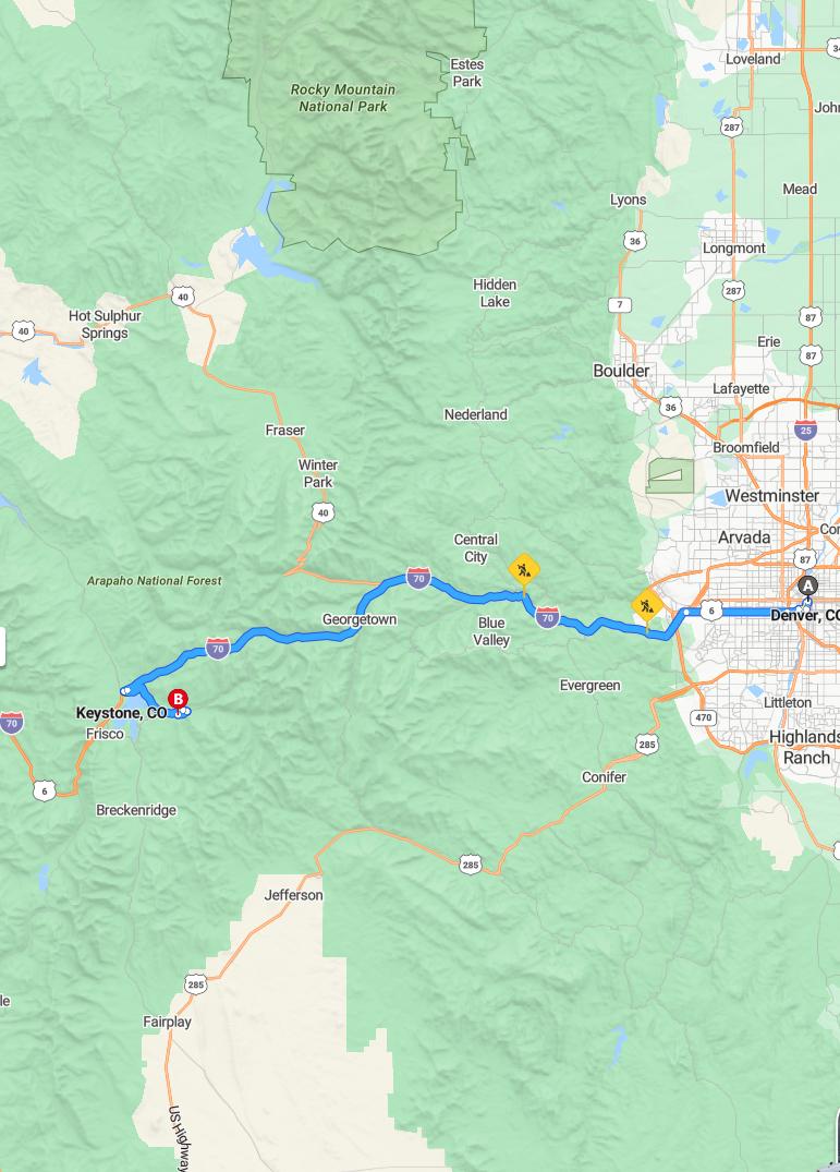 driving from Denver, Colorado to KeystoneColorado - map and route