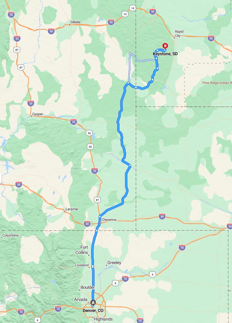 driving from Denver, Colorado to KeystoneSouth Dakota - map and route
