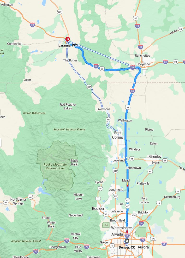 driving from Denver, Colorado to LaramieWyoming - map and route