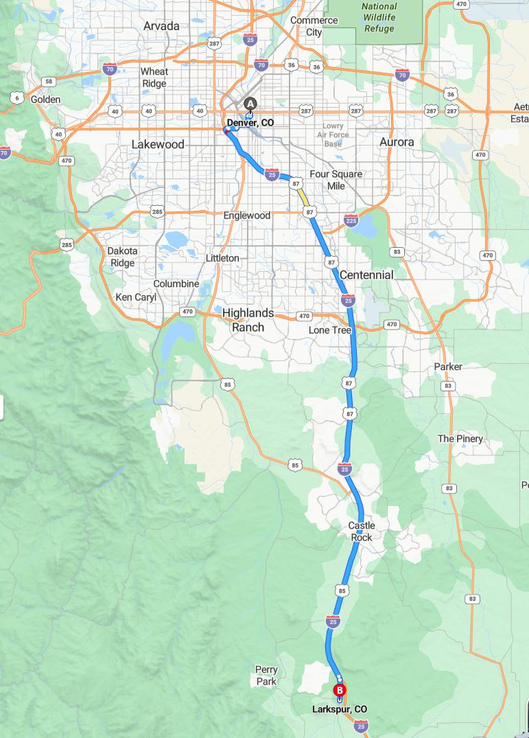 driving from Denver, Colorado to LarkspurColorado - map and route