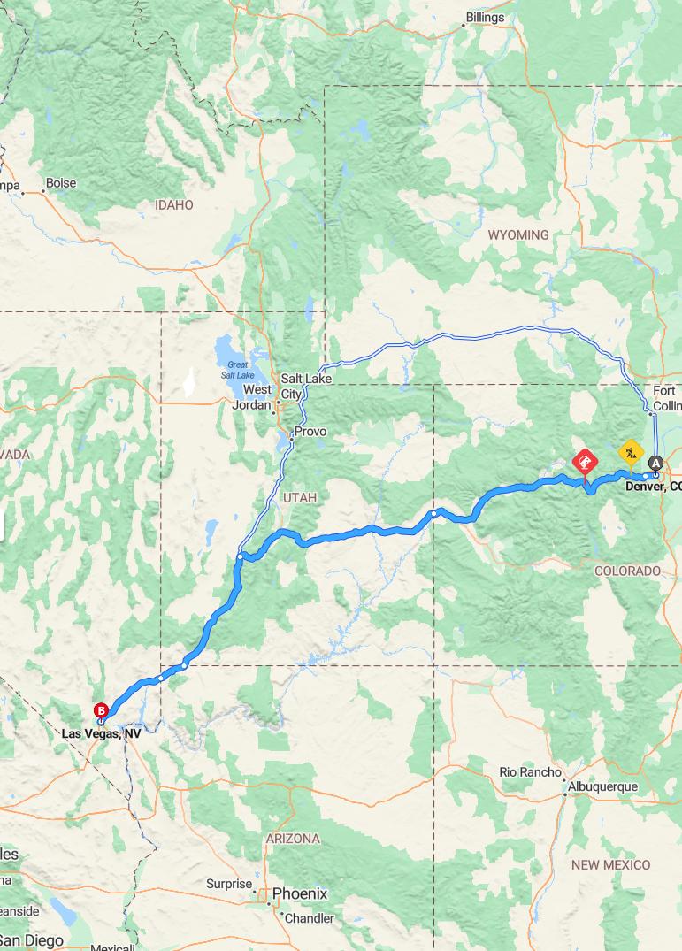 driving from Denver, Colorado to Las VegasNevada - map and route