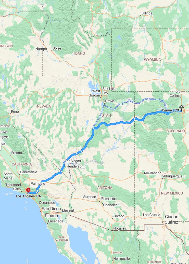 driving from Denver, Colorado to Los AngelesCalifornia - map and route