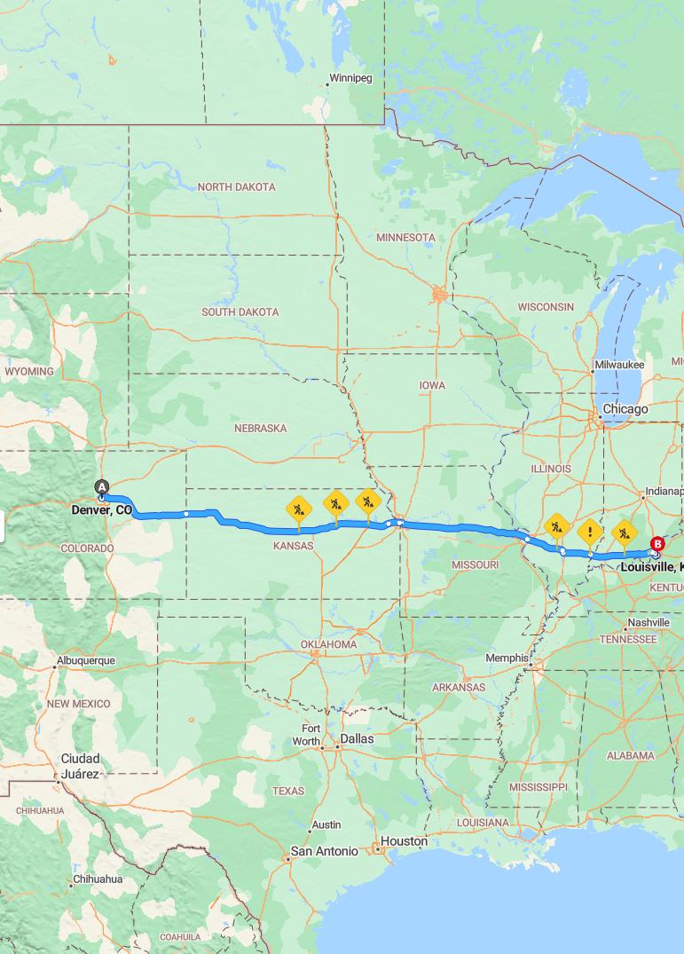 driving from Denver, Colorado to LouisvilleKentucky - map and route