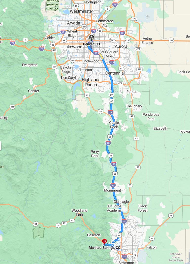 driving from Denver, Colorado to Manitou SpringsColorado - map and route