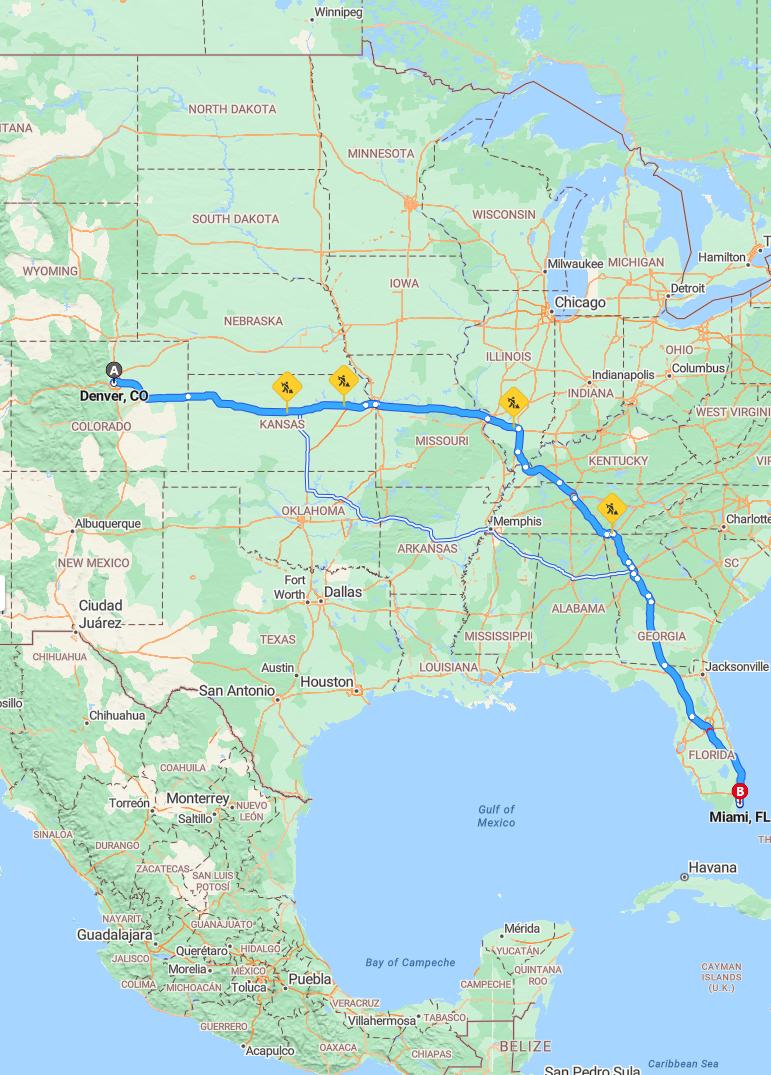 driving from Denver, Colorado to MiamiFlorida - map and route