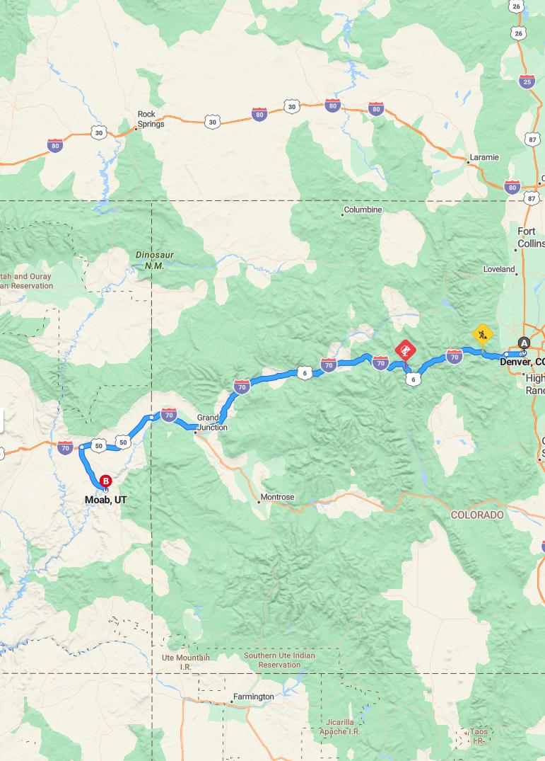 driving from Denver, Colorado to MoabUtah - map and route