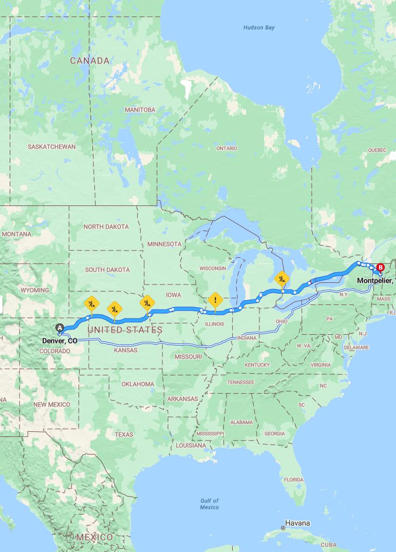 driving from Denver, Colorado to MontpelierVermont - map and route