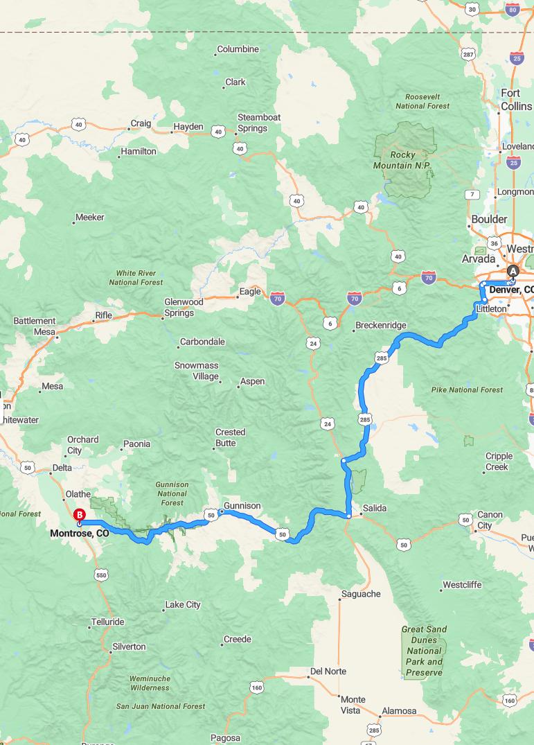 driving from Denver, Colorado to MontroseColorado - map and route