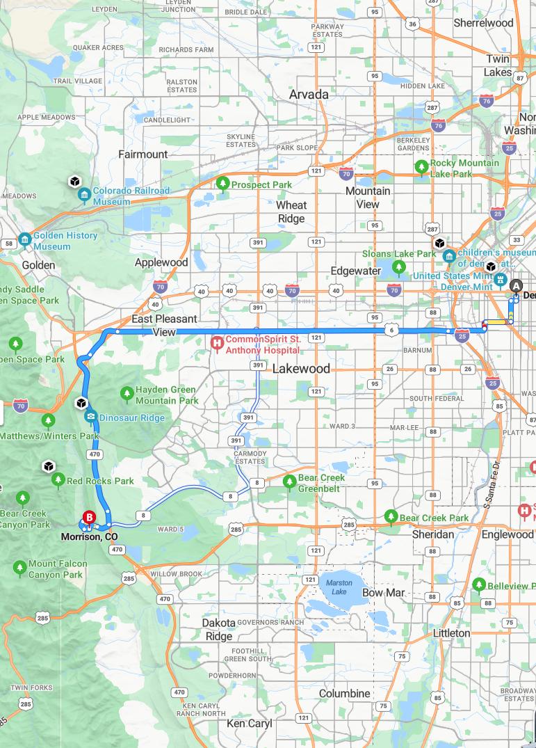 driving from Denver, Colorado to MorrisonColorado - map and route