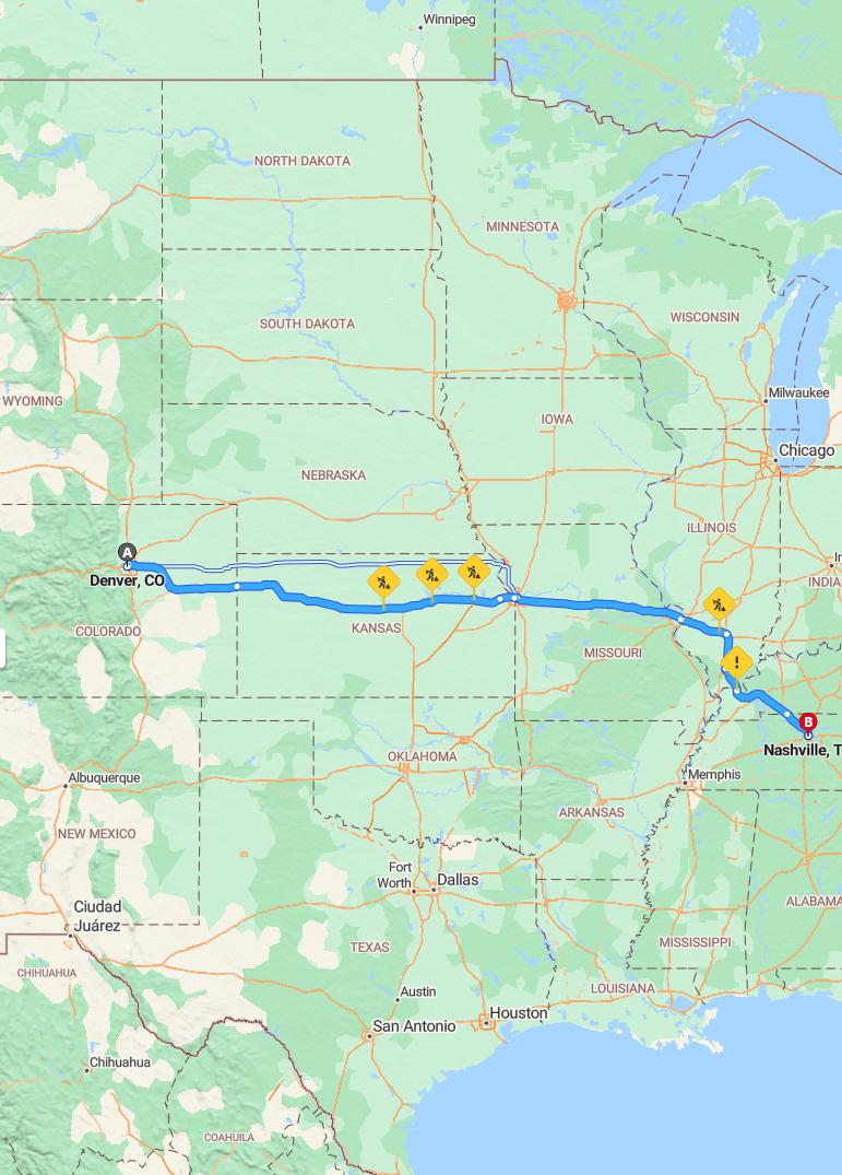 driving from Denver, Colorado to NashvilleTennessee - map and route