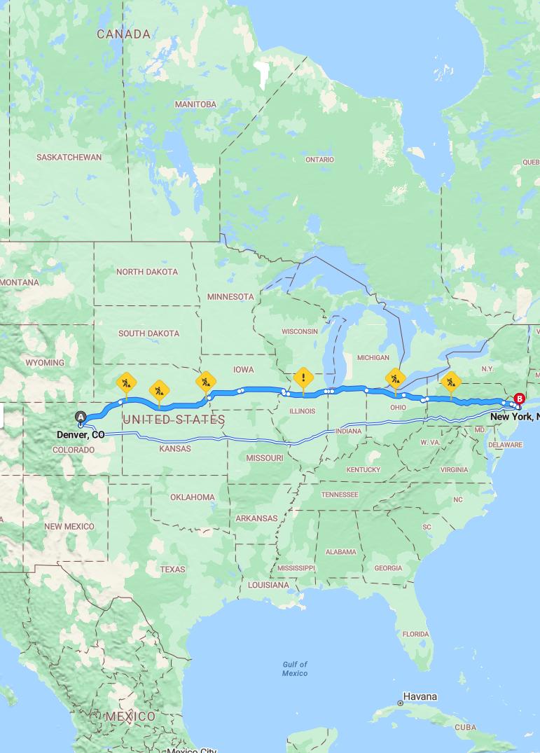driving from Denver, Colorado to New YorkNew York - map and route
