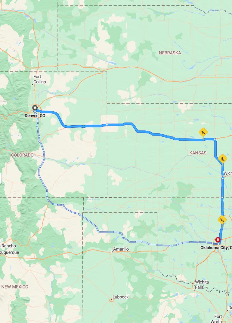 driving from Denver, Colorado to Oklahoma CityOklahoma - map and route