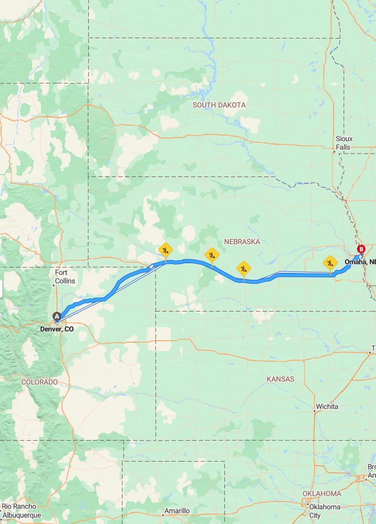 driving from Denver, Colorado to OmahaNebraska - map and route