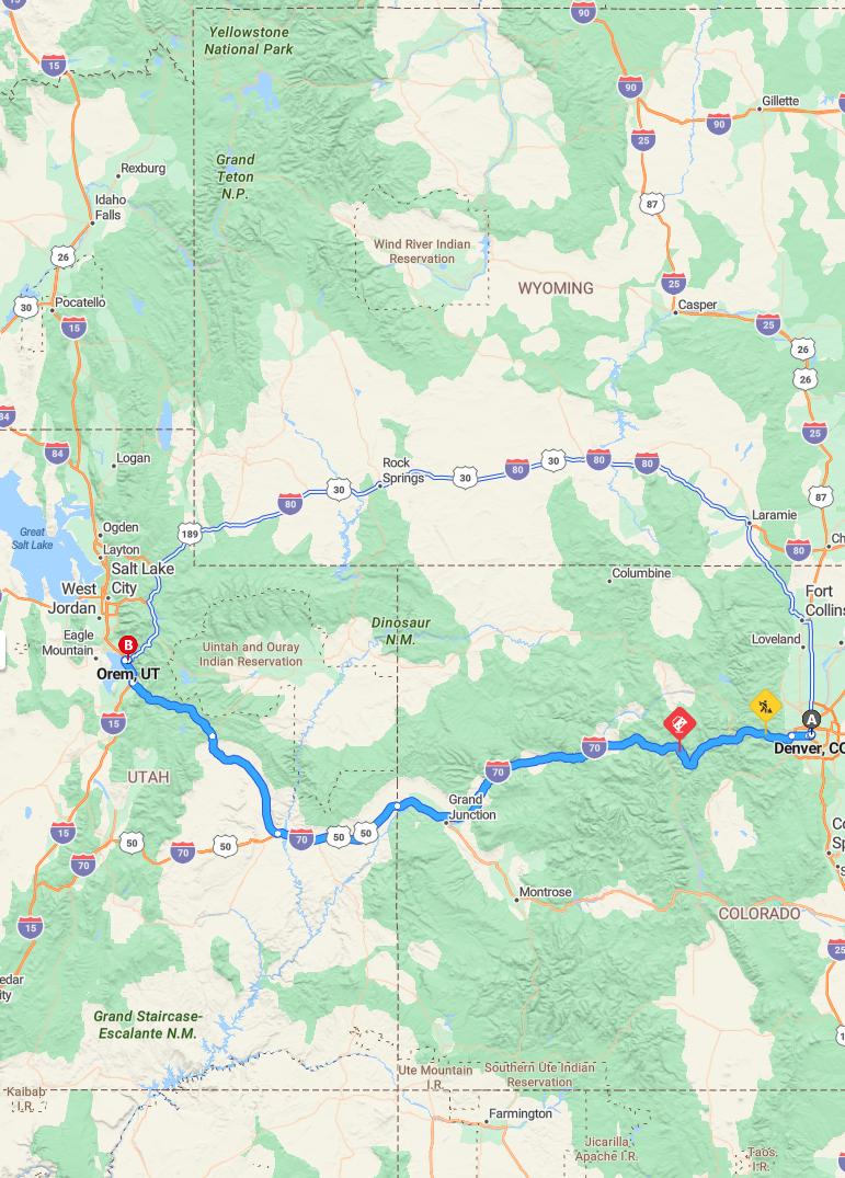 driving from Denver, Colorado to OremUtah - map and route