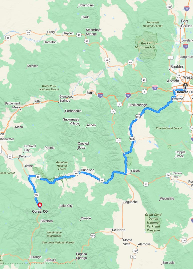 driving from Denver, Colorado to OurayColorado - map and route