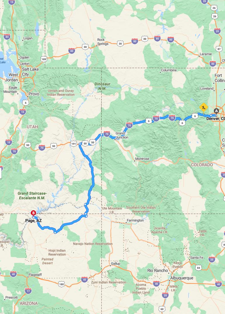 driving from Denver, Colorado to PageArizona - map and route