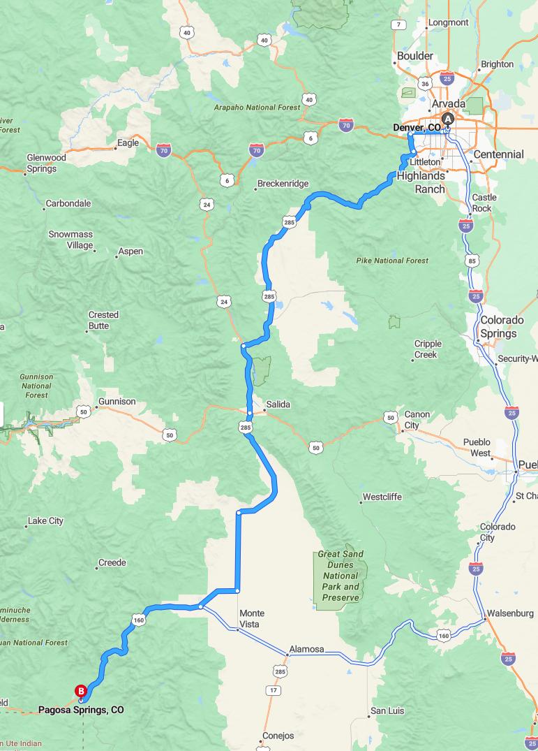 driving from Denver, Colorado to Pagosa SpringsColorado - map and route