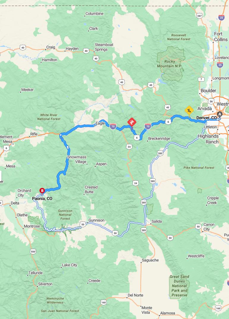 driving from Denver, Colorado to PaoniaColorado - map and route