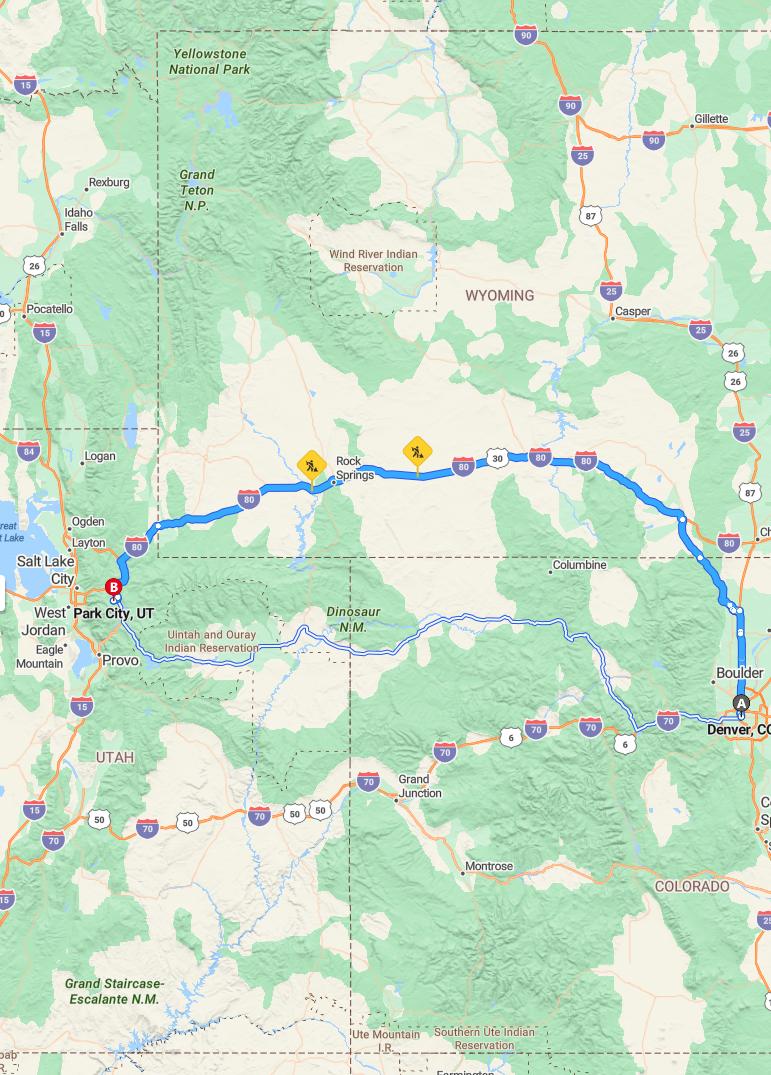driving from Denver, Colorado to Park CityUtah - map and route