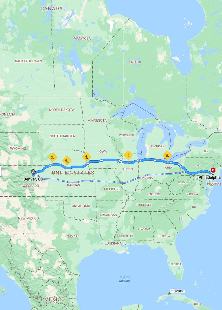 driving from Denver, Colorado to PhiladelphiaPennsylvania - map and route