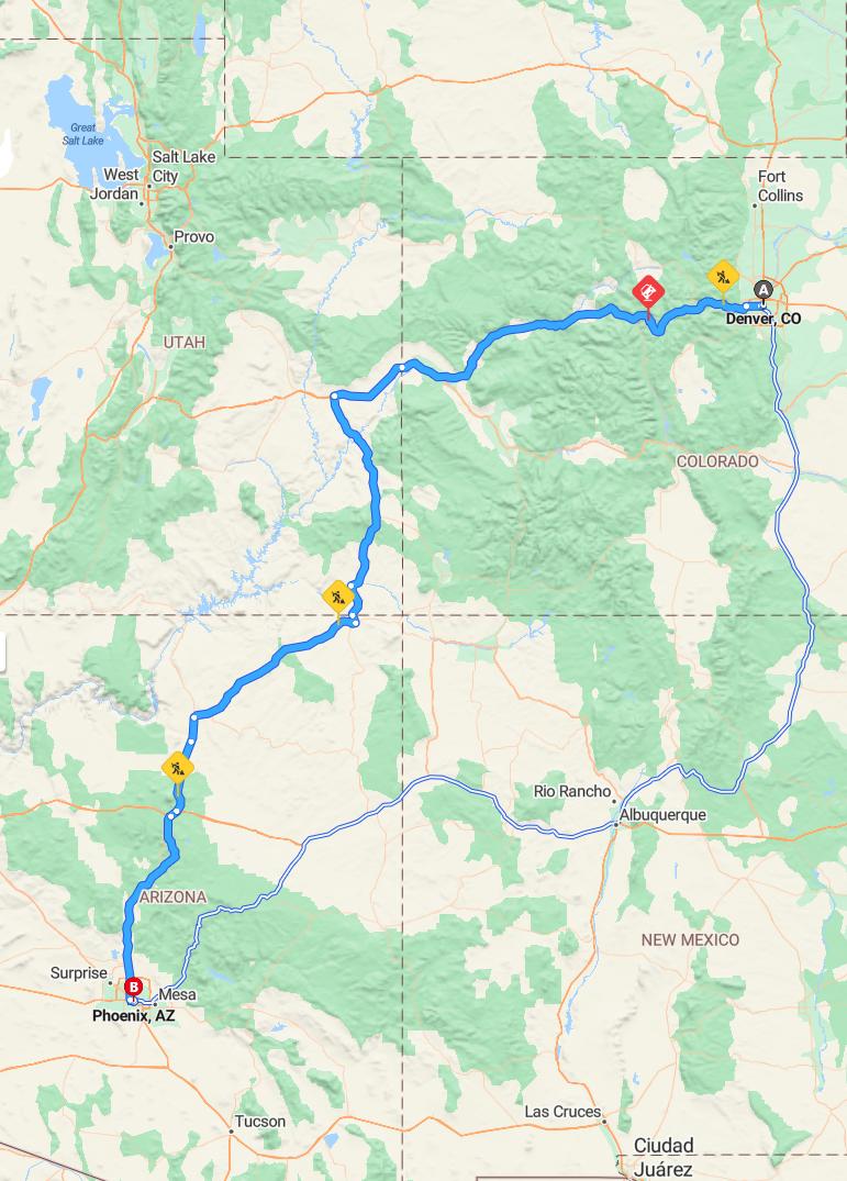 driving from Denver, Colorado to PhoenixArizona - map and route