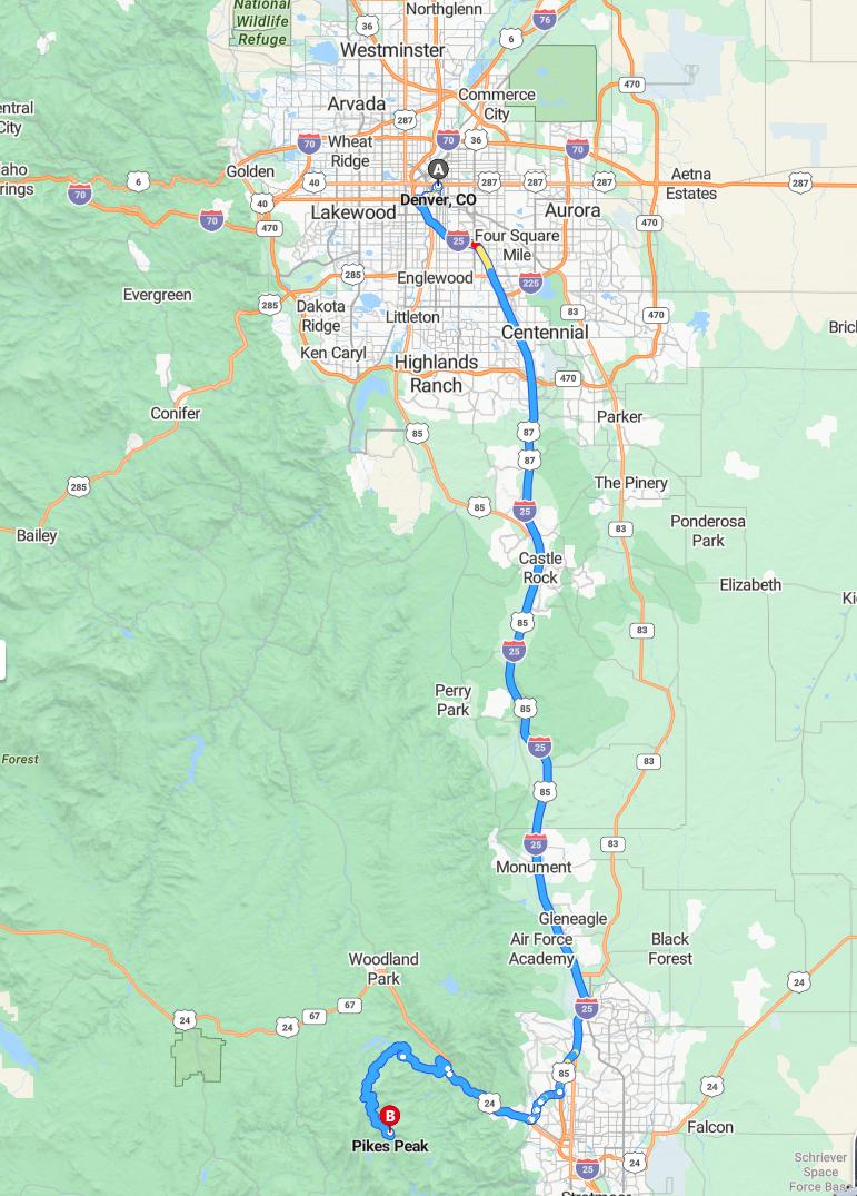 driving from Denver, Colorado to Pikes PeakColorado - map and route