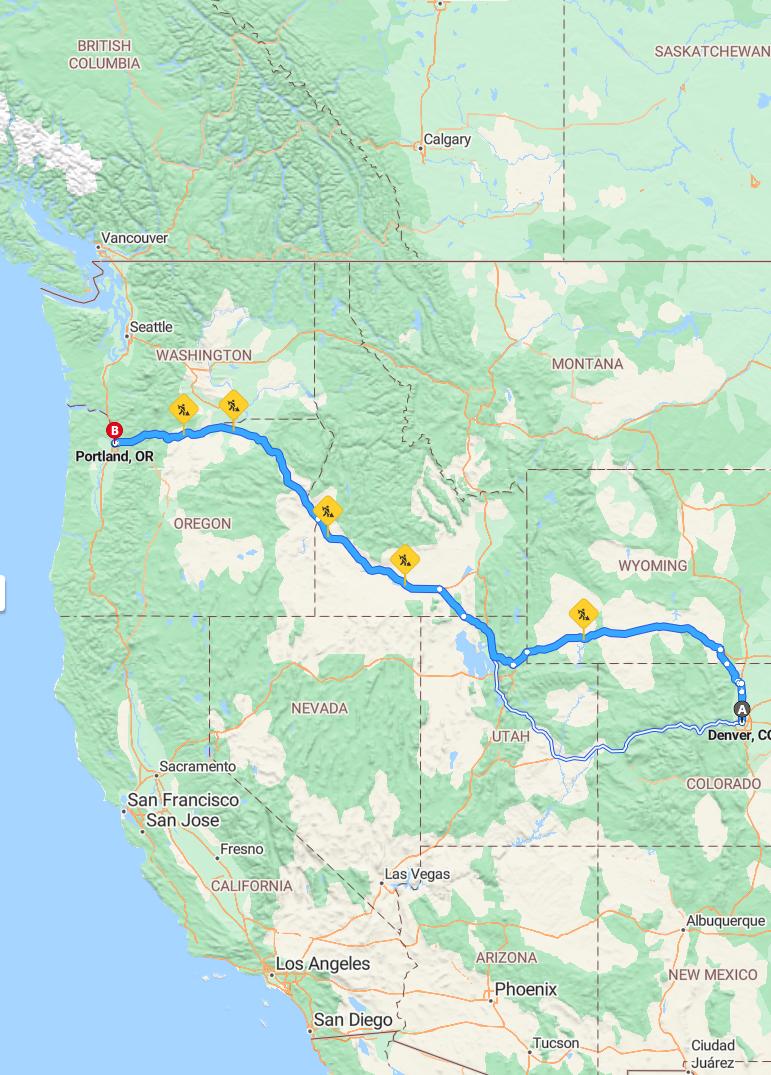 driving from Denver, Colorado to PortlandOregon - map and route