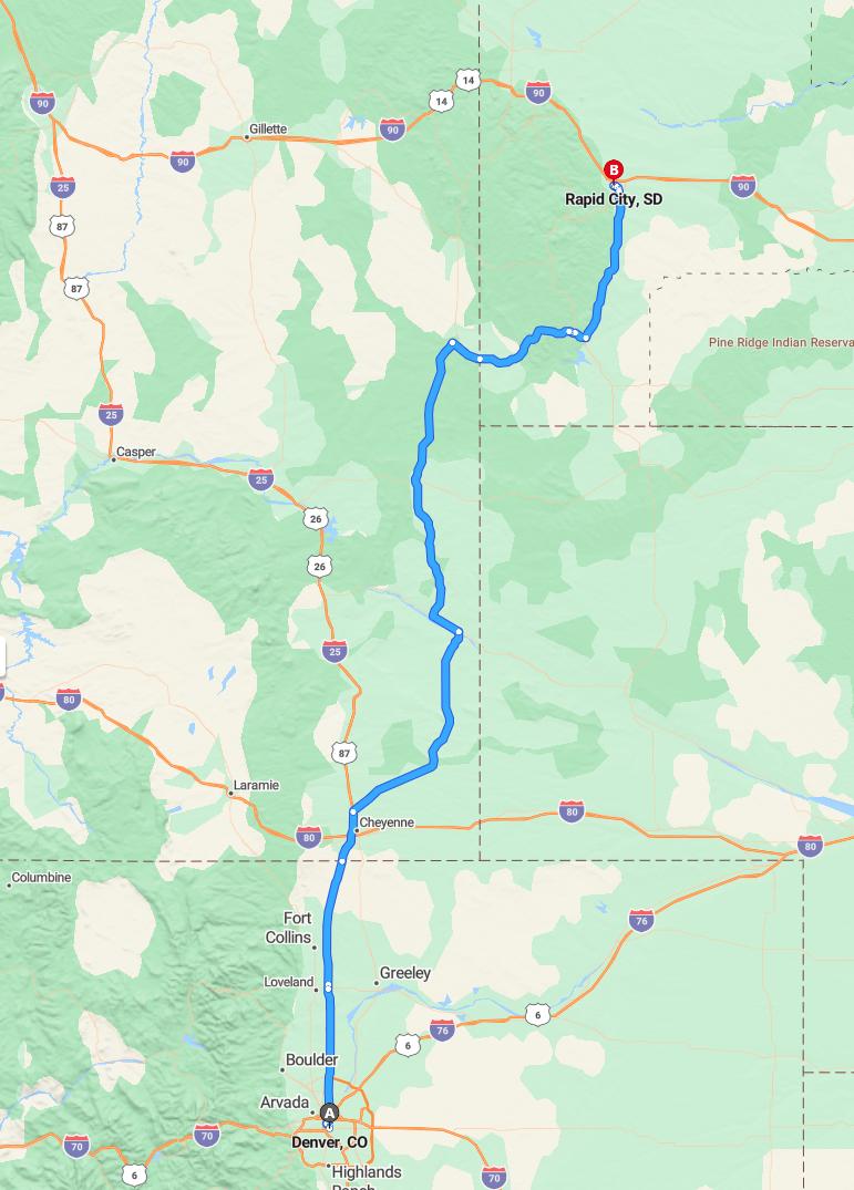 driving from Denver, Colorado to Rapid CitySouth Dakota - map and route