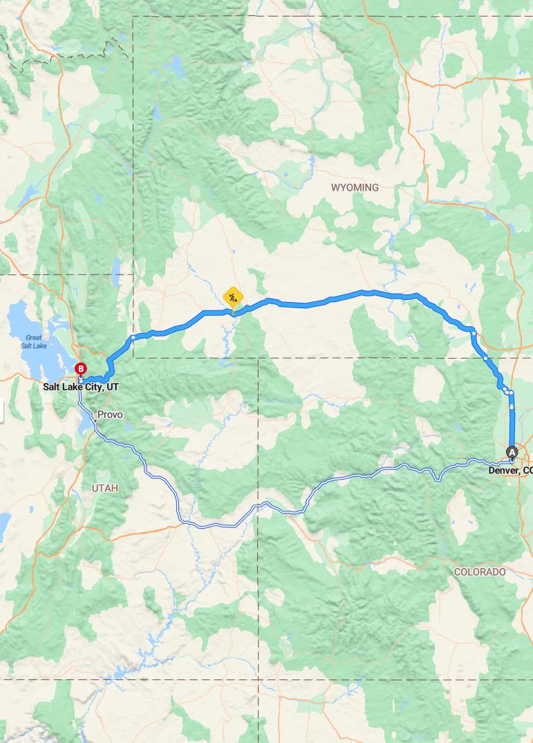 driving from Denver, Colorado to Salt Lake CityUtah - map and route