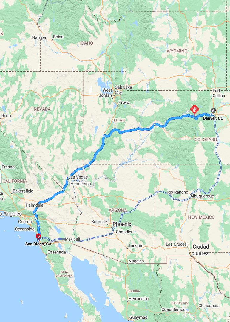driving from Denver, Colorado to San DiegoCalifornia - map and route