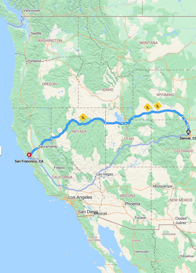 driving from Denver, Colorado to San FranciscoCalifornia - map and route