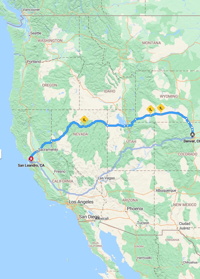 driving from Denver, Colorado to San LeandroCalifornia - map and route