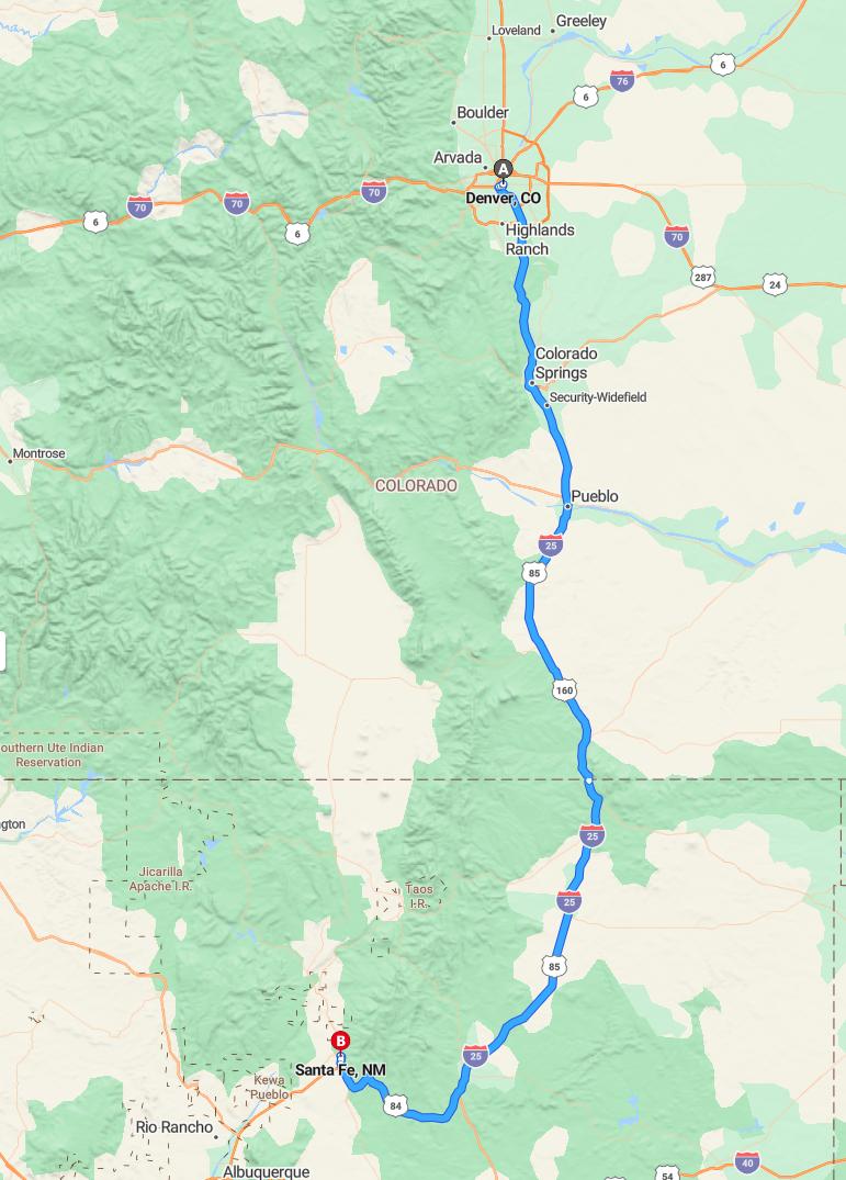 driving from Denver, Colorado to Santa FeNew Mexico - map and route