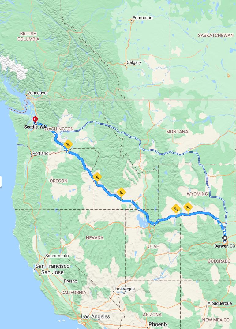driving from Denver, Colorado to SeattleWashington - map and route