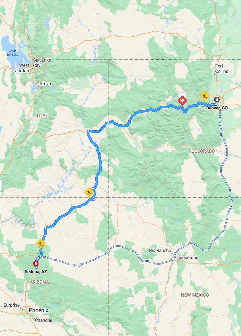 driving from Denver, Colorado to SedonaArizona - map and route