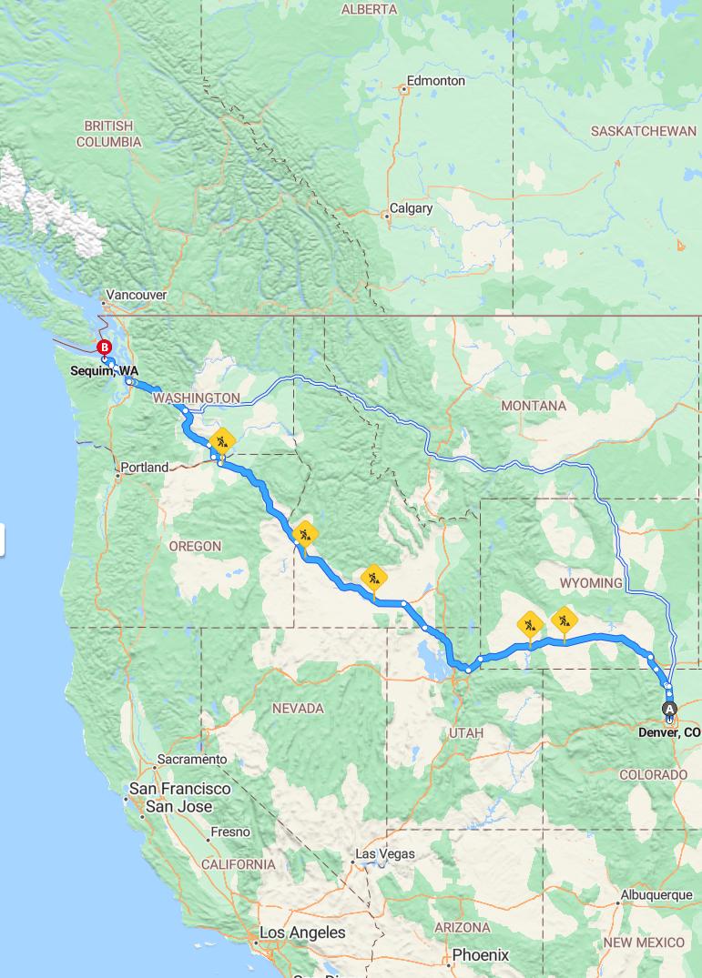driving from Denver, Colorado to SequimWashington - map and route