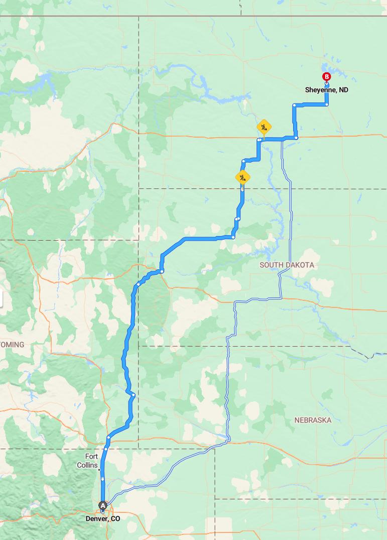 driving from Denver, Colorado to SheyenneNorth Dakota - map and route