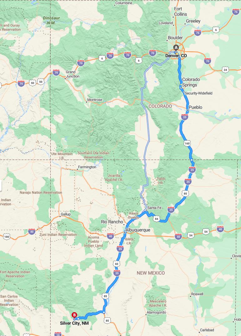 driving from Denver, Colorado to Silver CityNew Mexico - map and route