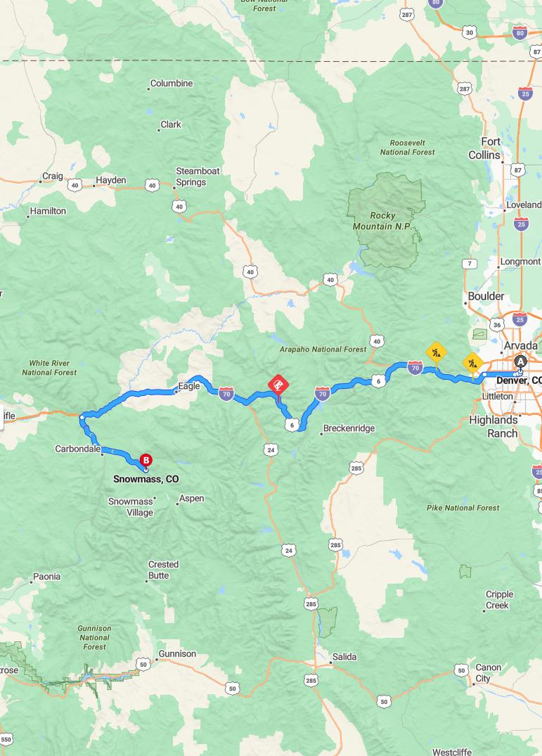 driving from Denver, Colorado to SnowmassColorado - map and route