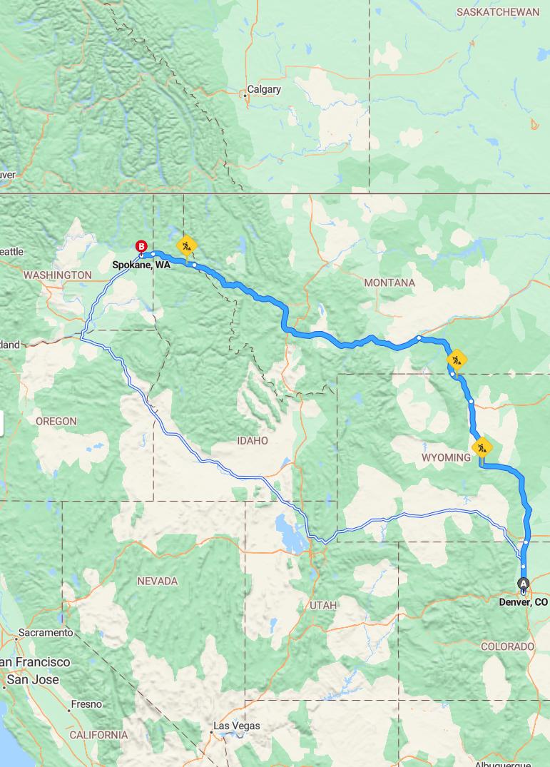 driving from Denver, Colorado to SpokaneWashington - map and route