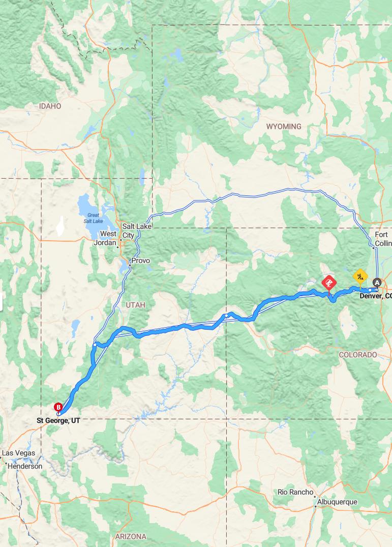 driving from Denver, Colorado to St. GeorgeUtah - map and route