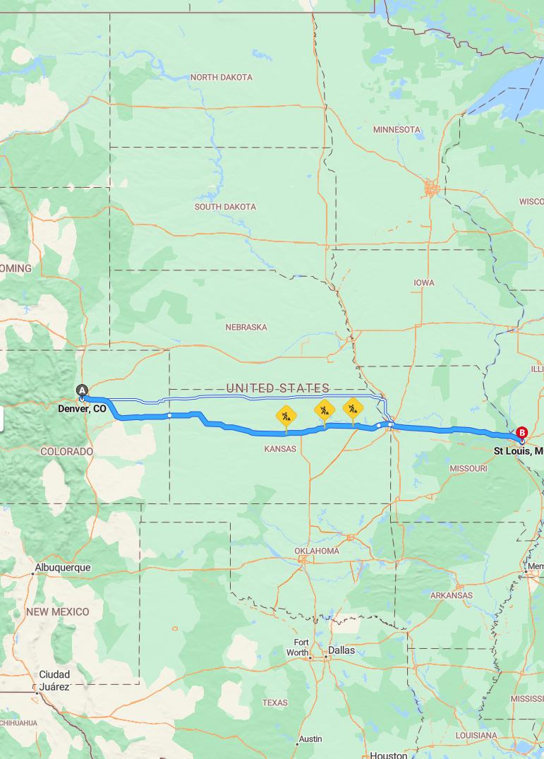 driving from Denver, Colorado to St. LouisMissouri - map and route