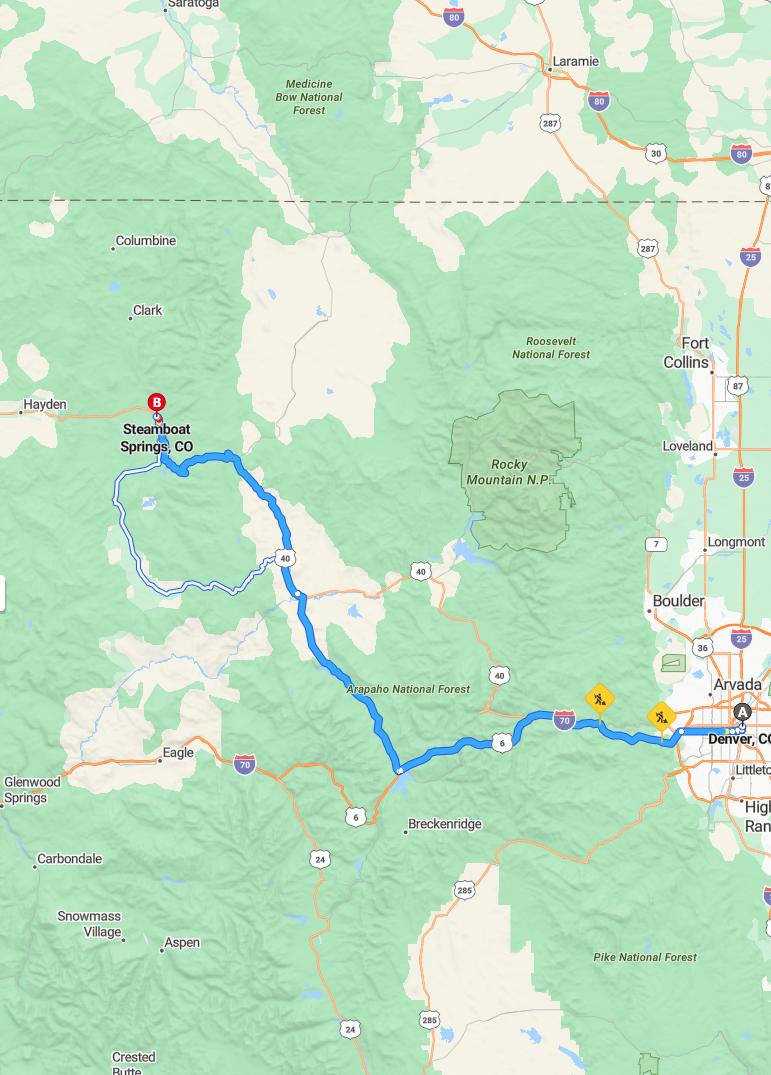 driving from Denver, Colorado to Steamboat SpringsColorado - map and route