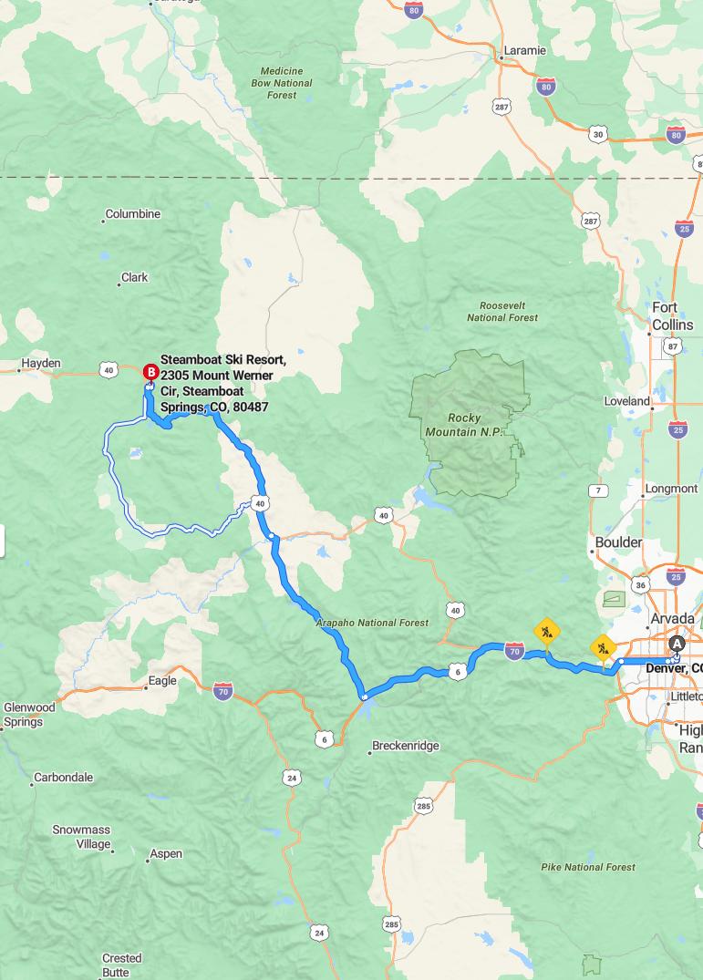 driving from Denver, Colorado to SteamboatColorado - map and route
