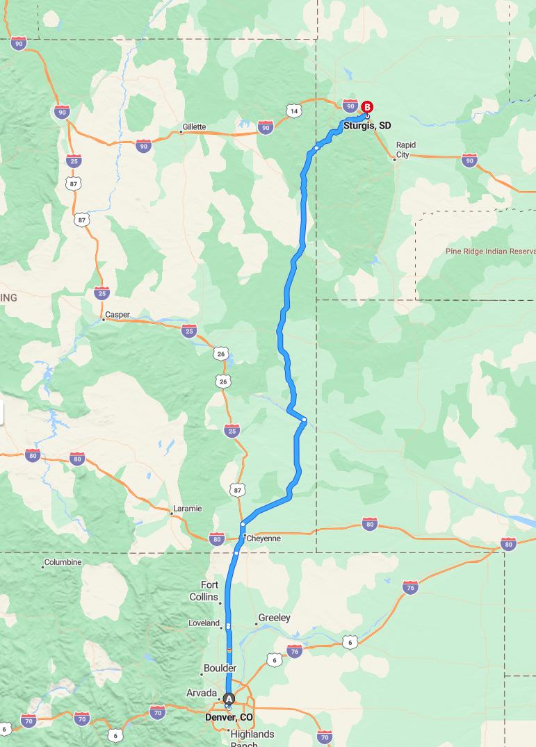 driving from Denver, Colorado to SturgisSouth Dakota - map and route