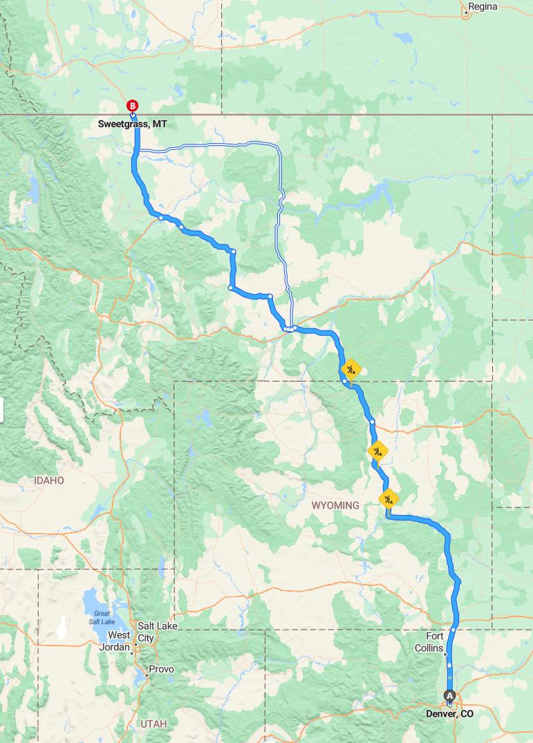 driving from Denver, Colorado to Sweet GrassMontana - map and route