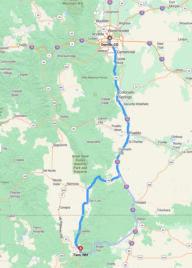 driving from Denver, Colorado to TaosNew Mexico - map and route