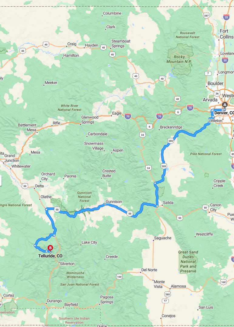 driving from Denver, Colorado to TellurideColorado - map and route