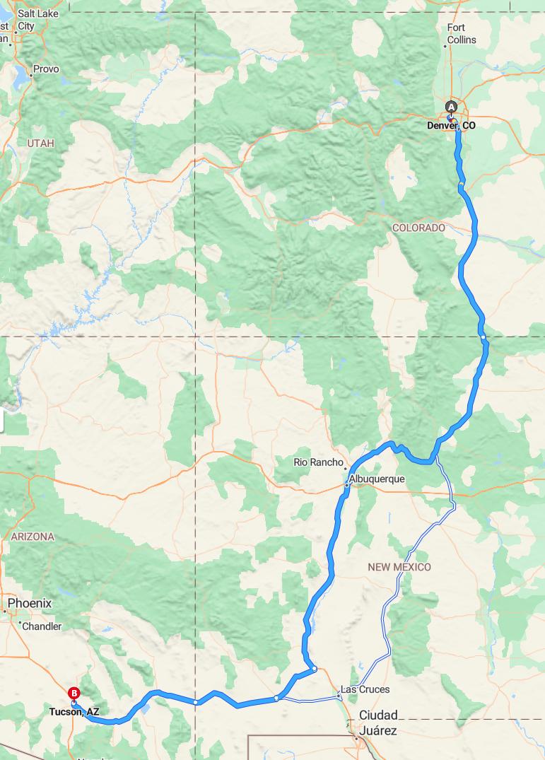 driving from Denver, Colorado to TucsonArizona - map and route